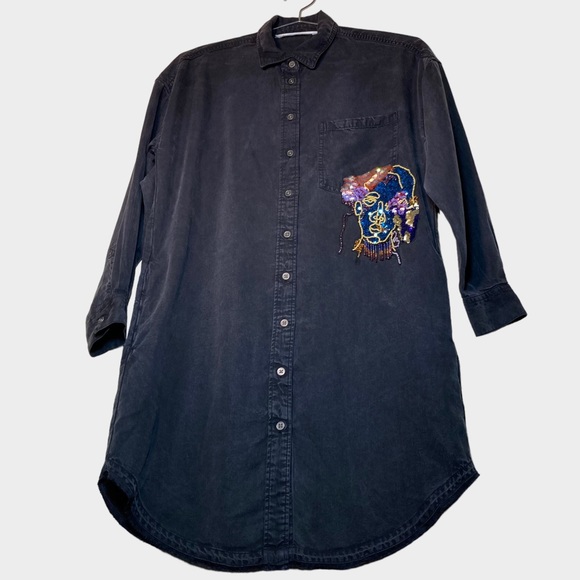 Zara Basic Denim Z1975 Embroidered Dress Sequin XS ButtonDown Collared Oversized - Picture 15 of 16